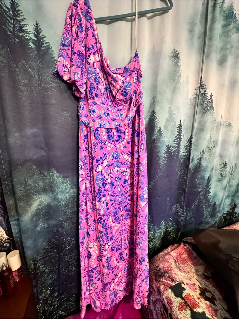 Lilly Pulitzer Pink & Blue One-Shoulder Floral Maxi Dress